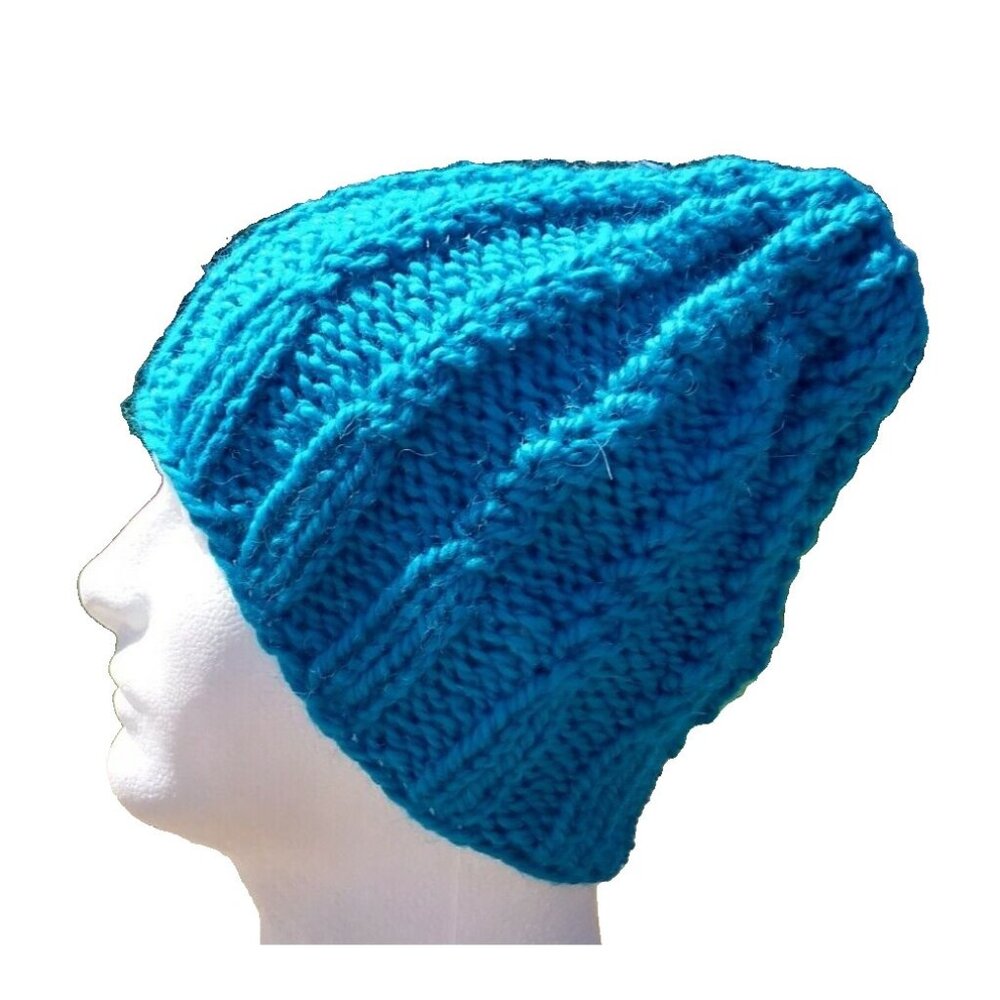 Women's Handmade Alpaca Beanie Twisted Rib Hat Wool Cap Skully Turquoise Blue - Picture 1 of 9